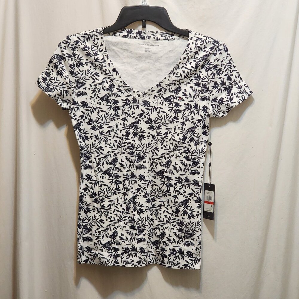 Tommy Hilfiger Womens White‎ Blue Leaf Print V-Neck Short Sleeve Top XS New
